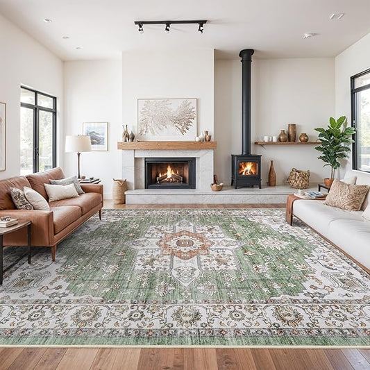 RUUGME Living Room 10x14 Area Rugs - Washable Lightweight Area Rug Stain Resistant Carpet Vintage Soft Rugs for Bedroom with Non Slip Backing Indoor Ultra-Thin Rugs Home Decor 10x14 Sage/Green