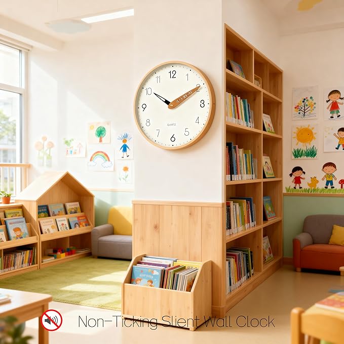 Topkey 12 Inch Silent Wall Clock for Kids - Wooden Look Non Ticking Clock, Playroom & Classroom Decor, Easy Install（Battery Operated - Light Wooden Brown