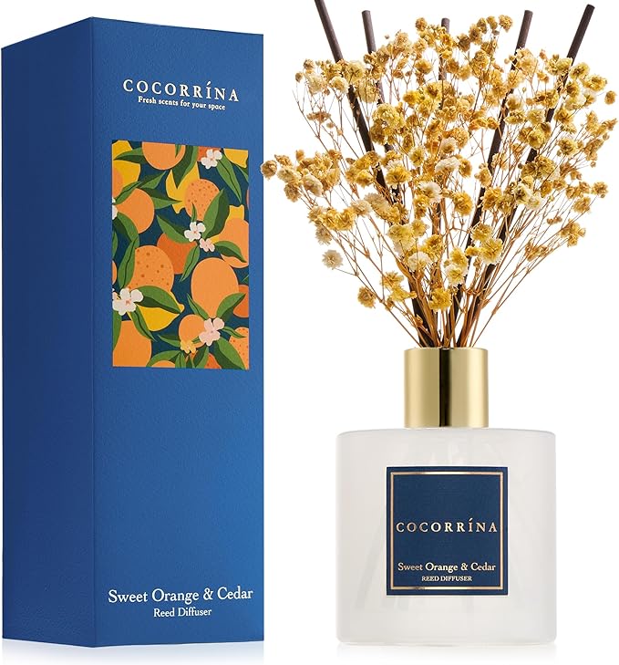COCORR??NA Reed Diffuser - Sweet Orange & Cedar 6.7 Fl.oz Reed Diffuser Set with Sticks & Preserved Baby's Breath, Reed Diffuser for Home Bathroom Shelf Decor