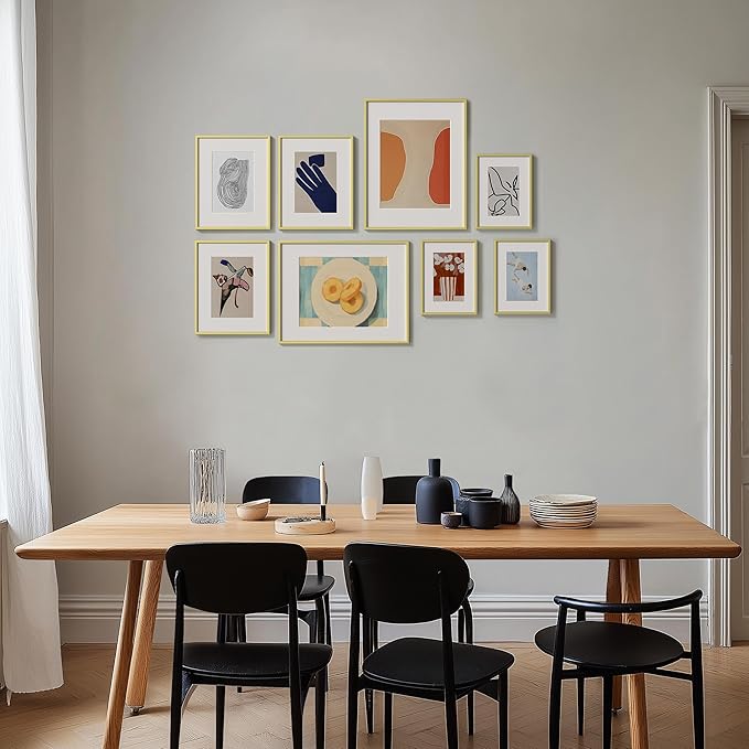 eletecpro Aluminum Gallery Wall Frame Set of 8, Including 2Pcs 11x14, 3Pcs 8x10, 3Pcs 6x8 Photo Frames for Wall or Tabletop Display, Multiple Sizes Picture Frames Collage Wall Decor, Gold