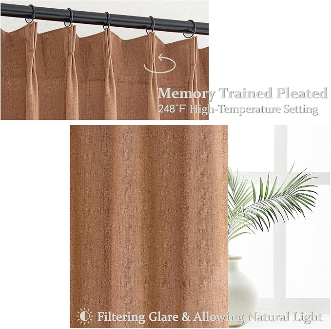 PleatedDrapes Terracotta Linen Curtains 102 Inches Long for Living Room 2 Panels Set, Western Fall Window Light Filtering Boho Curtains Pinch Pleated Track & Back Tab Rust Dark Orange Semi Sheer