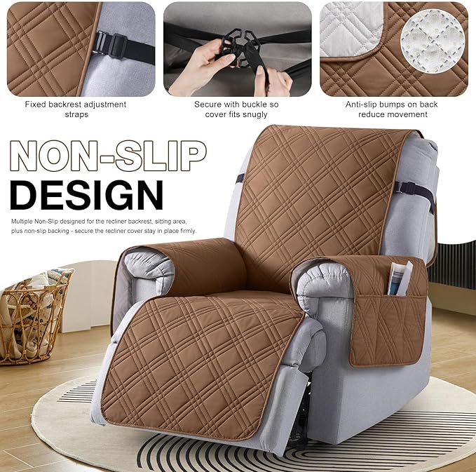 TAOCOCO Waterproof Recliner Chair Cover, Non Slip Oversized Recliner Covers for Recliner Chair with Pocket, Reclining Chair Cover Furniture Protector for Kids, Dogs(28'', Brown)