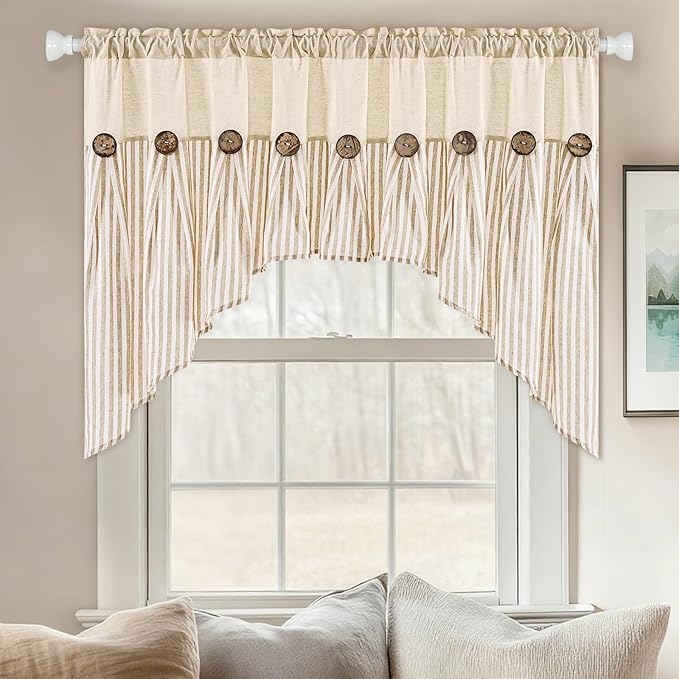 ASPMIZ Farmhouse Cotton Linen Swag Valances for Windows, Boho Kitchen Curtains Valances with Rustic Buttons, Khaki Striped Window Treatments Curtain Valance for Bathroom Cafe, 61 x 36 Inch, 1 Panel