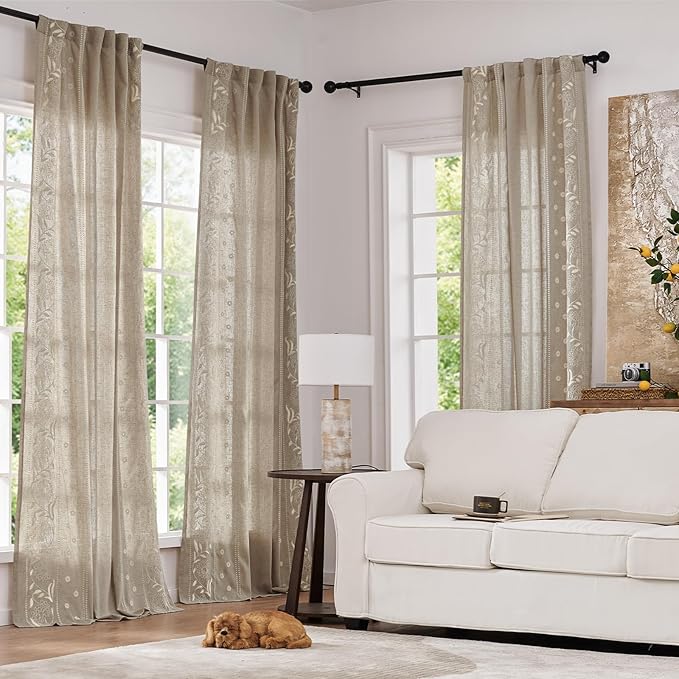 jinchan Winslow Linen Curtains for Bedroom 96 Inches Length Embroidered Bordered Floral Curtains for Living Room Farmhouse Decor Light Filtering Window Treatments Ivory on Taupe Drapes 2 Panels