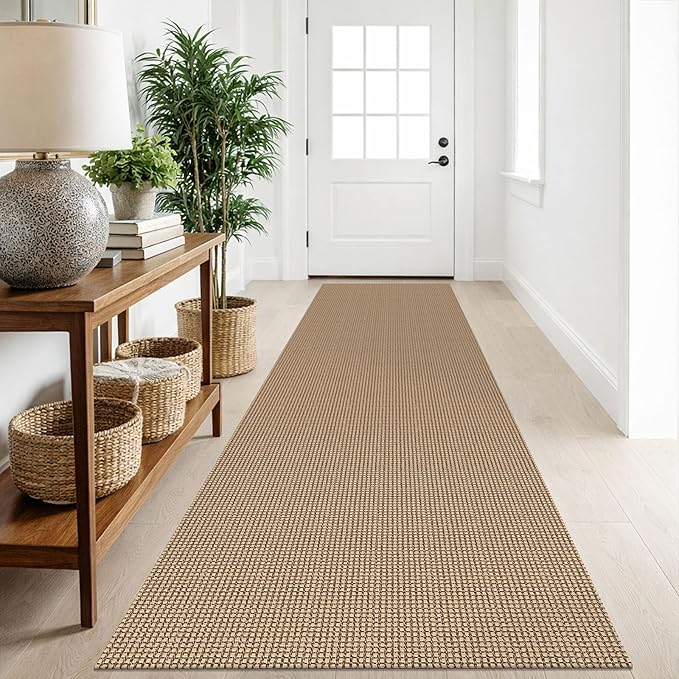 IOHOUZE Washable Runner Rug 2.6x10 Non Slip Rubber Backed Long Hallway Runner Entryway Runner Indoor, Kitchen Rugs Woven Cotton Floor Carpet for Hall Entrance, Orange/Tan/Brown