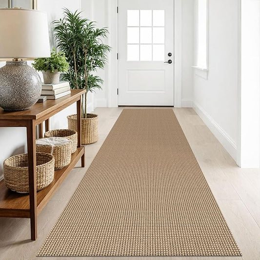 IOHOUZE Washable Runner Rug 2.6x10 Non Slip Rubber Backed Long Hallway Runner Entryway Runner Indoor, Kitchen Rugs Woven Cotton Floor Carpet for Hall Entrance, Orange/Tan/Brown