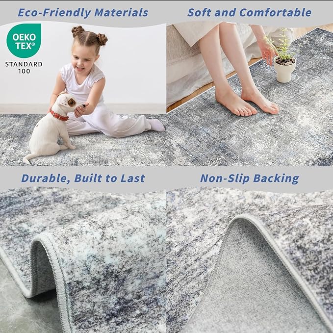 2x12 ft Washable Hallway Runner Rug – Non-Slip Stain-Resistant Low-Pile Long Carpet Runner for Kitchen Entryway Living Room Bedroom Bathroom, Modern Abstract Neutral (Blue Gray,2x12)