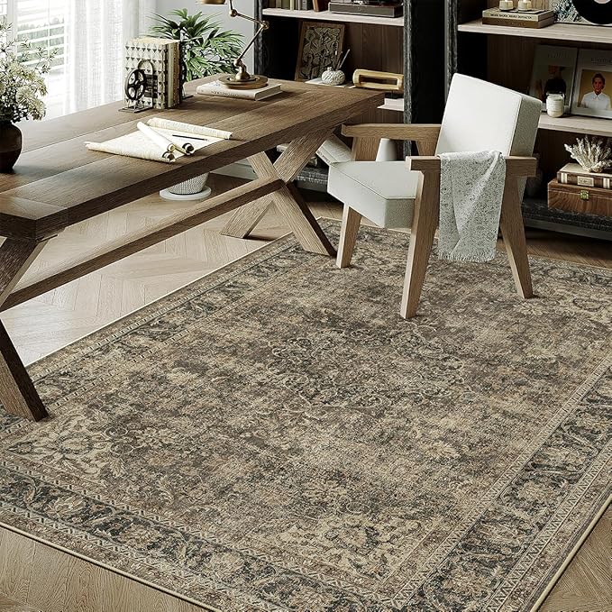 4x6 Washable Area Rug Brown Vintage Non Slip Soft Low Pile Rug for Entryway Kitchen Bathroom Distressed Oriental Throw Carpet for Living Room Bedroom Home Decor