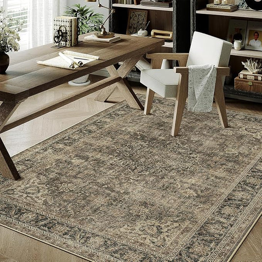 4x5 Washable Area Rug Brown Vintage Non Slip Soft Low Pile Rug for Entryway Kitchen Bathroom Distressed Oriental Throw Carpet for Living Room Bedroom Home Decor