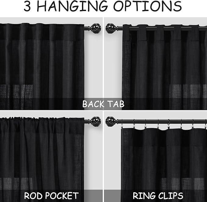 Black Linen Curtains 132 inch Extra Long for Living Room Back Tab Light Filtering Semi Sheer Drapes Modern Farmhouse Muslin Look Decor Cotton Textured Curtain for Floor to Ceiling Window 11 FT