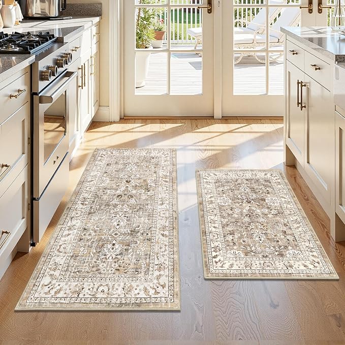 LOKHOM Washable Kitchen Rugs Sets of 2, Non Slip Floral Kitchen Mats for Floor with Rubber Backing, Boho Carpet Runner for Hallways Entryway Laundry Sink (2x3+2x4, Beige Brown)