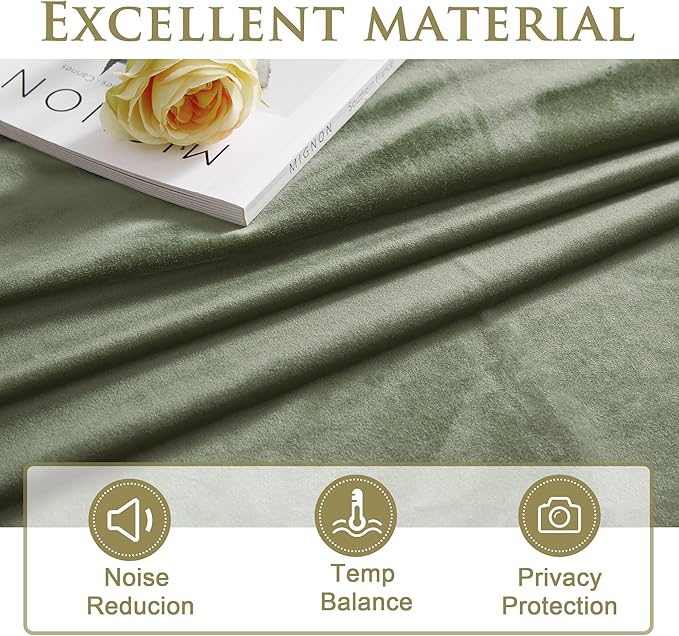StangH Sage Green Curtains Velvet - Grommet Living Room Curtains 96 inches Long Room Darkening Privacy Protect Window Drapes for Sliding Door/Bedroom, W52 x L96, 2 Panels