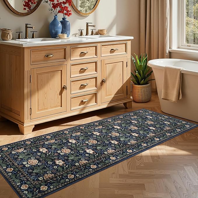 GarveeHome Washable Runner Rug 2x6, Non Slip Floral Kitchen Runner for Hallway Entryway Forest Green Laundry Bathroom Mat Farmhouse Thin Stain Resistant Carpet for Bedroom Beside Rug