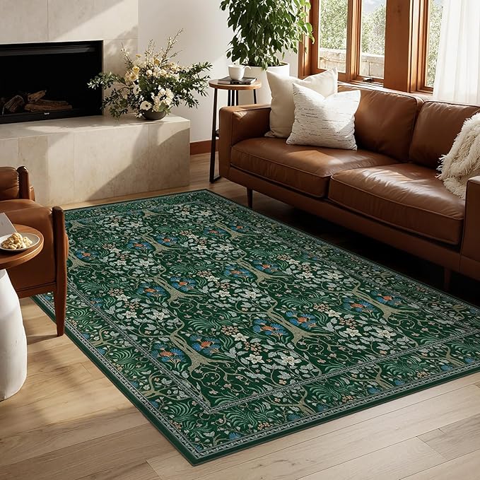 Joydeco Washable 4x6 Area Rug for Bedroom, Dark Green Boho Floral Vintage Rug Non Slip, Soft Stain Resistant Indoor Floor Dining Room Throw Carpet for Home Office Entrance Kitchen