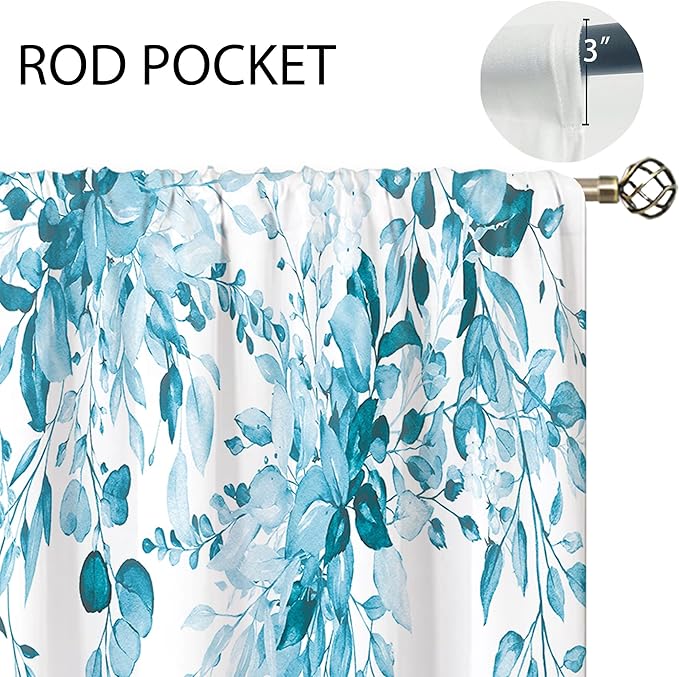 Blue Eucalyptus Botanical Leaves Floral Kitchen Window Curtains Over Sink Farmhouse Flower Spring Small Window Treatment Cafe Short Curtains for Bathroom Treatment Tier Drapes 26x36 inch