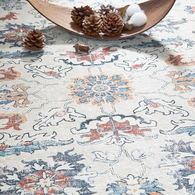 jinchan Round Rug 4ft Area Rug - Washable Boho Vintage Floral Circle 4' Round Floor Cover Lightweight Low Pile Thin Throw Non-Slip Carpet for Kitchen Living Room Bedroom Dining Room Office Grey Multi