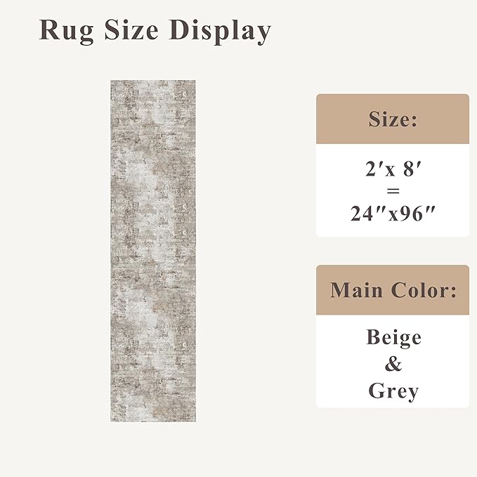 2x8 Washable Non-Slip Hallway Runner Rug – Modern Abstract Soft Carpet for Kitchen, Bedroom with Rubber Backing – Low-Pile Thin Stain-Resistant Rug for Bathroom,Laundry Room,Entryway（Beige Grey）