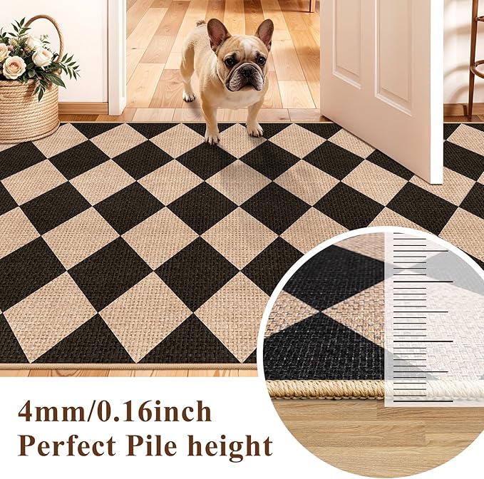 2x8 Checkered Runner Rug for Hallway: Washable Faux Jute Runners Indoor Farmhouse Style - Carpet Non-Slip Backing - Non Slip Narrow Floor Runners for Entryway Kitchen Living Room (Black/Brown,2x8)