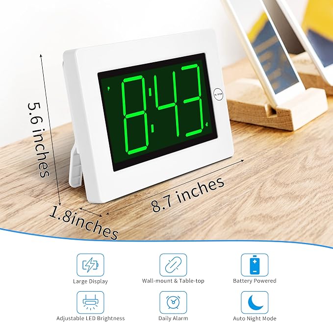 KWANWA Large Digital Alarm Clock, 3" LED Display Battery Operated, Dimmable Auto Night Mode, Easy to Read for Seniors Visually Impaired, Cordless Wall Clock or Table Clock for Bedroom Kitchen RV - Image 2