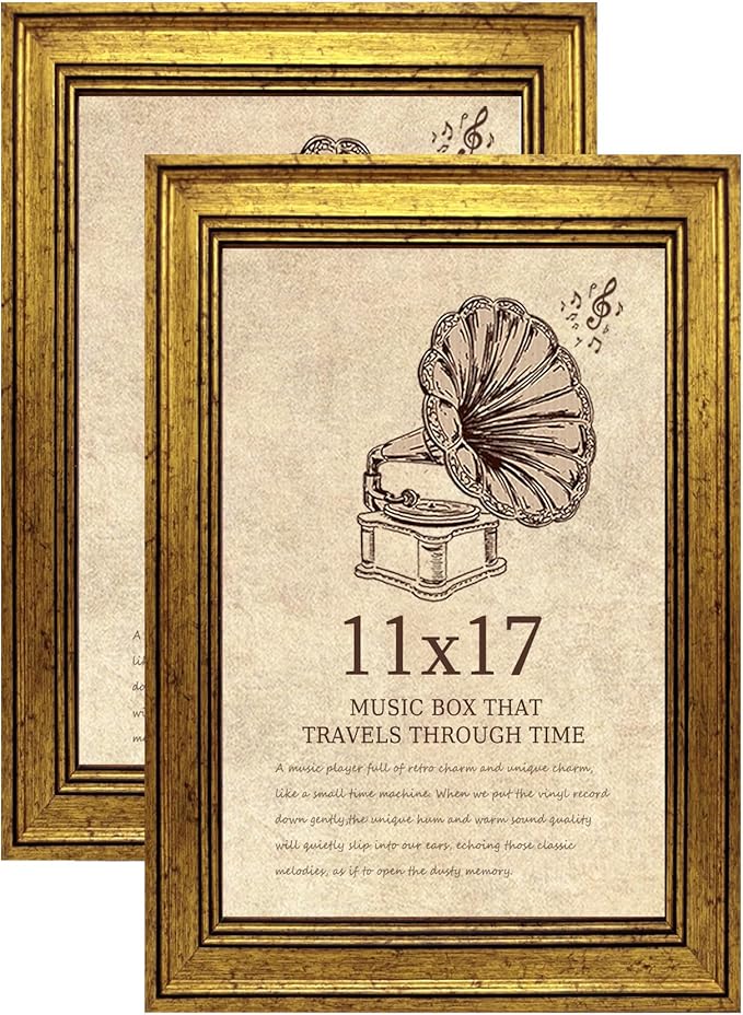 11x17 Picture Frame with Real Glass set of 2-Vintage Frames - Antique Style Frames for Wall - Ornate Frame for Rustic Gold Office or Home Decor Display Family Friends Wedding Gift