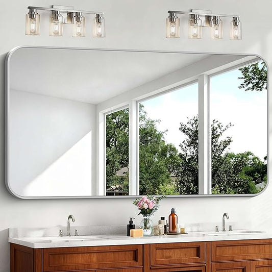 Silver Bathroom Mirror, 72 x 36 Inch Large Rectangle Mirror, Rectangular Vanity Mirror Aluminum Metal Frame, Rounded Corner Wall Mirror for Living Room Bedroom Entryway Horizontal/Vertical