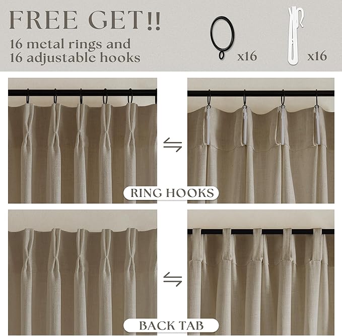 TWODRAPES Grey Beige Pinch Pleated Linen Curtains 92 Inches Long 2 Panels for Living Room Bedroom Memory Training Shaped Semi Sheer Pleat Drapes with Hooks Rings Light Filtering Window Curtain 40x92