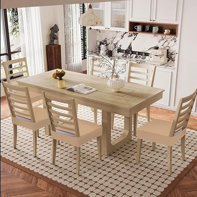 Smiry Waterproof Seat Covers for Dining Room Chairs Set of 6, Stretch Jacquard Removable Washable Chair Seat Slipcovers Protector, No Rear Covers, Camel