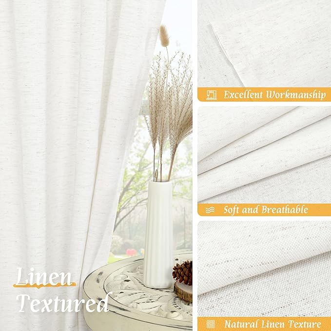 LAMIT Ivory White Linen Curtains 45 Inches Long for Bedroom, Soft Privacy Faux Linen Textured Light Filtering Panels Rod Pocket Neutral Drapes for Kitchen/Window/Loft Room, 42 x 45 Inch, 2 Panels