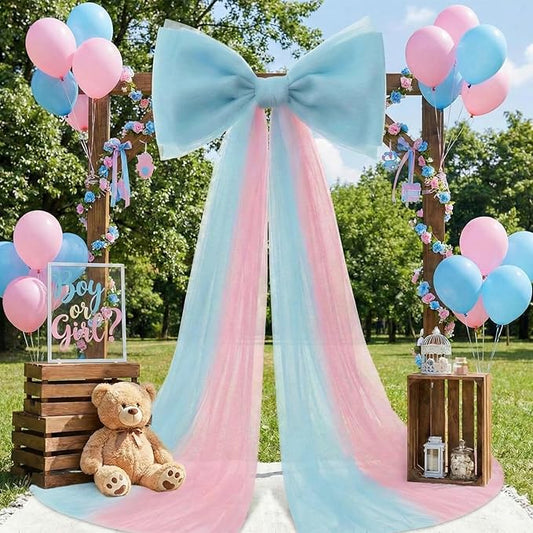 Canlierr Extra Large Pink and Blue Organza Bow Decorations 39 x 59 Inch Giant Pink Blue Tulle Bow with Tie and Long Ribbon Tails for Wedding Valentines Party Backdrop Coquette Room Wall Decoration