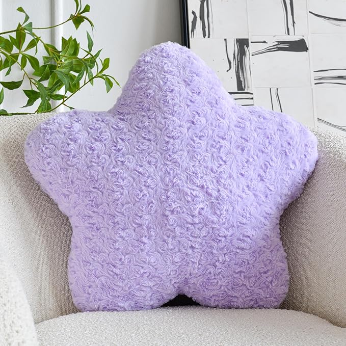 Star Pillow, 14.9" Star Shaped Plush Pillow for Couch Bed Sofa, Cute Decorative Throw Pillows with Soft Faux Fur Room Decor for Bedroom Living Room (Lavender)