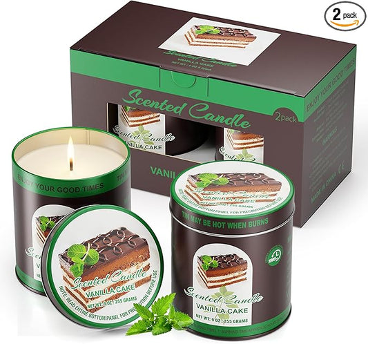 2 Pack Scented Candles (90 Total Burn Hours) - Soy Wax Candles 9 oz Each in Tin - Long Lasting Aromatherapy Candle Gift Set (Vanilla Cake)