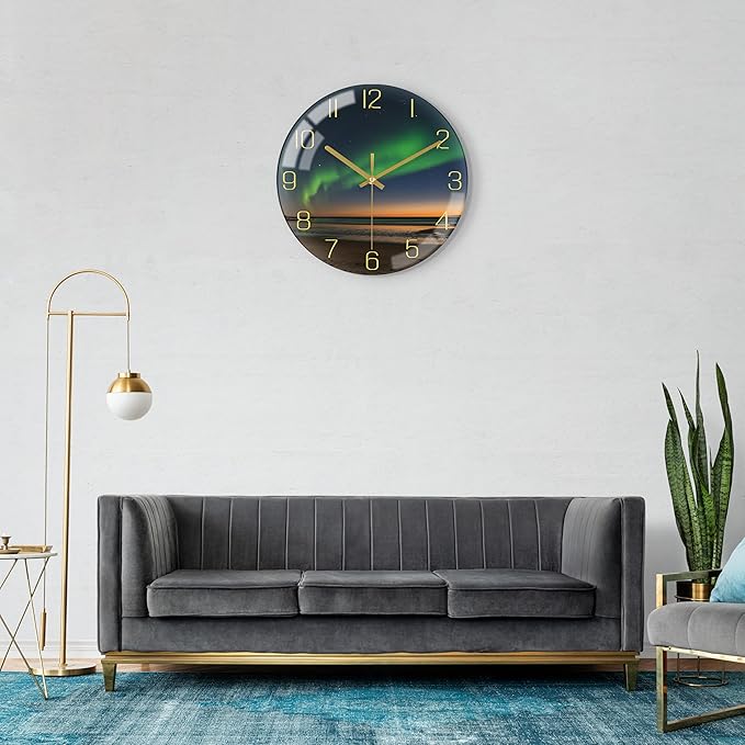 VIKMARI 12 Inch Modern Wall Clock, Aesthetic Black and Gold Decor Accessories, Unusual Silent Non Ticking Aurora Clocks for Living Room/Kitchen/Bedroom/Bathroom/Office (Glass)