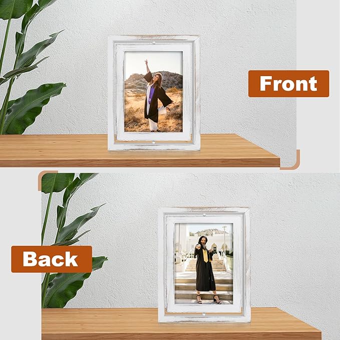 Egofine 2 Pack 6x8 Rotating Floating Picture Frames,Double-Sided Display with HD Glass Front Wooden Distressed Frame for Vertical or Horizontal Tabletop Display, White