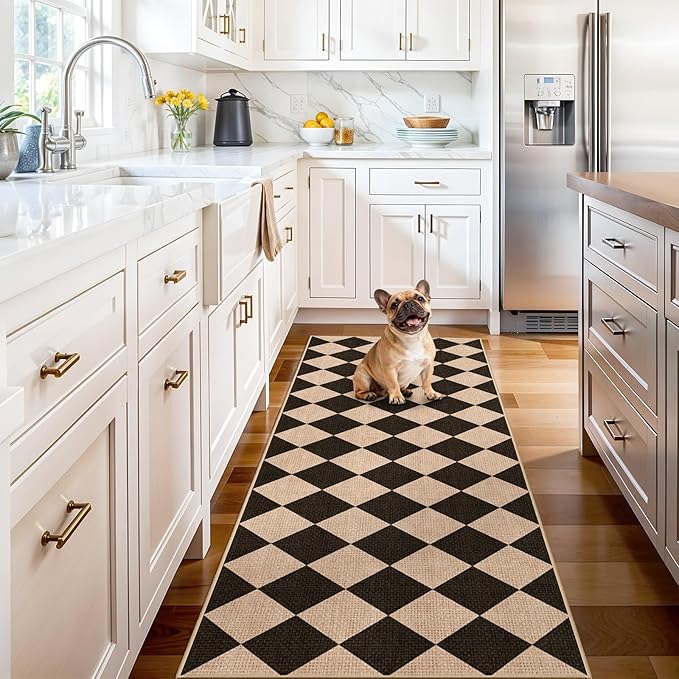 2x6 Jute Woven Runner Rug: Non-Slip Backing Diamond Pattern - Easy Clean Carpet for Hallway Kitchen - Washable Thin Indoor Rugs for High Traffic Areas Farmhouse Home Decor (Black/Brown,2x6)