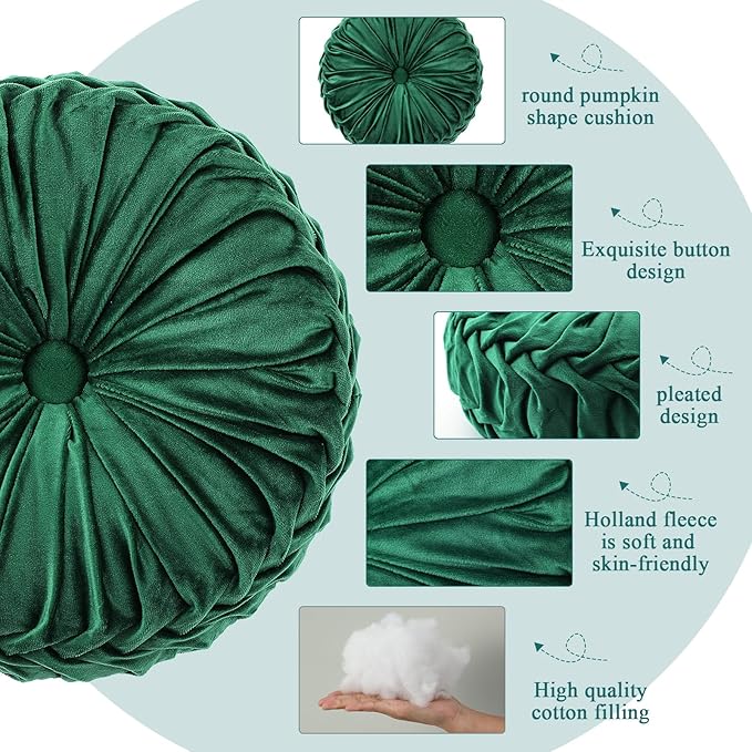Drydiet 1 Pcs Round Throw Velvet Pillows Decorative Pleated Throw Pillows 15'' Diameter Accent Pumpkin Boho Chair Cushion for Couch Sofa Home Decoration (Deep Teal)