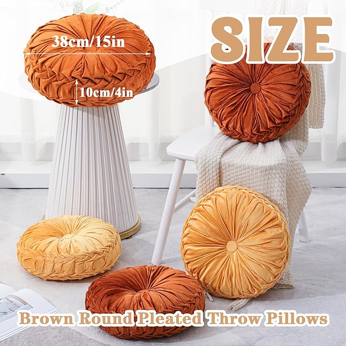 Drydiet 4 Pcs Round Throw Velvet Pillows Decorative Pleated Throw Pillows 15'' Diameter Accent Pumpkin Boho Chair Cushion for Couch Sofa Home Decoration (Burnt Orange,Yellow)
