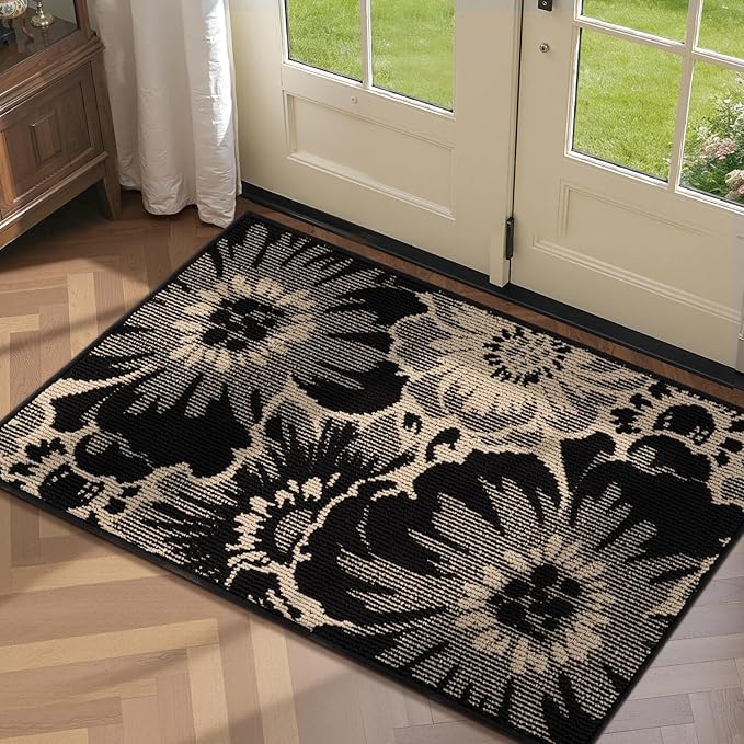 Findosom Washable Runner Rug 2x3, Non Slip High-Low Textured Floral Small Entryway Rug with Rubber Backing, Boho Carpet Runner for Indoor Door Mat, Kitchen, Bedroom, Laundry, Black & Beige