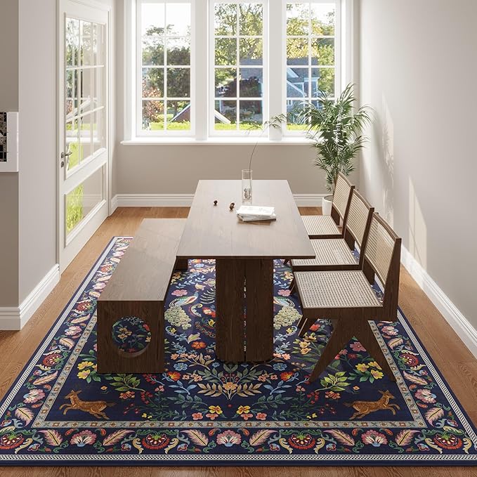 Rugcomf Living Room Rug 6x9 Rug Machine Washable Area Rug Floral Non-Slip Low Pile Large Rug for Living Room, Bedroom, Farmhouse, Dining Room, Kids Playroom(Blue)