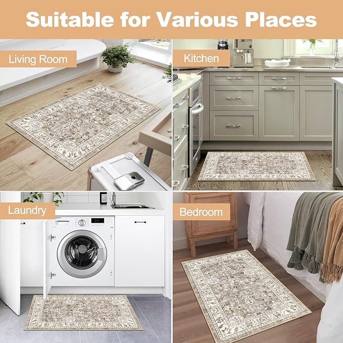 LOKHOM Washable Area Rug, 2x3 Non-Slip Hallway Rug Vintage Soft Small Kitchen Area Carpet, Boho Floral Faux Wool Door Mat Indoor Entrance Accent Throw Rugs for Bedroom Kitchen Laundry(Beige Brown)
