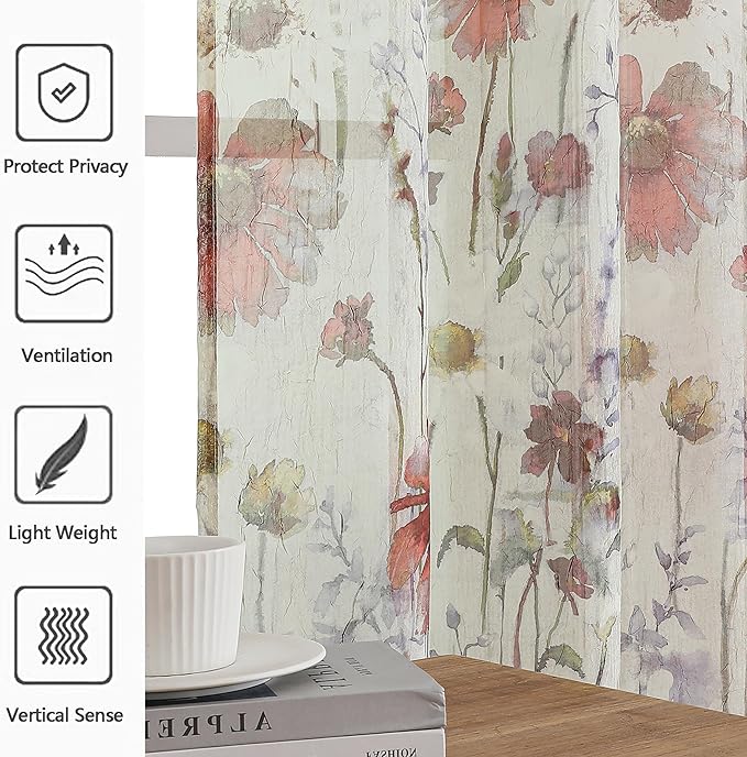 OWENIE Crushed Sheer Curtains 96 Inch Length 2 Panels Set, Sheer Floral Curtains Printed Drapes on Sheers for Living Room, Rod Pocket Light Filtering Window Sheers 42" W x 96" L