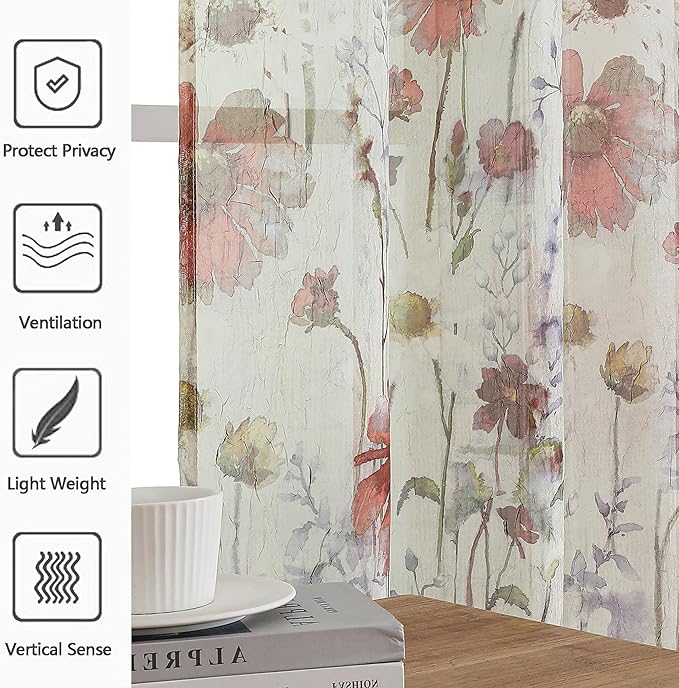 OWENIE Crushed Sheer Curtains 96 Inches Long 2 Panels Set, Sheer Floral Curtains Printed Drapes on Sheers for Living Room Bedroom, Rod Pocket Light Filtering Window Sheers (2 Panels, 51" x 96")