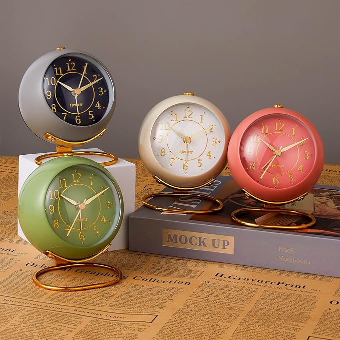 Metal Desk Alarm Clock, Retro Bedroom Table Vintage Analog Alarm Clock, Silent Non-Ticking Gold Clock, Bedside D??cor(Sinor Gray)