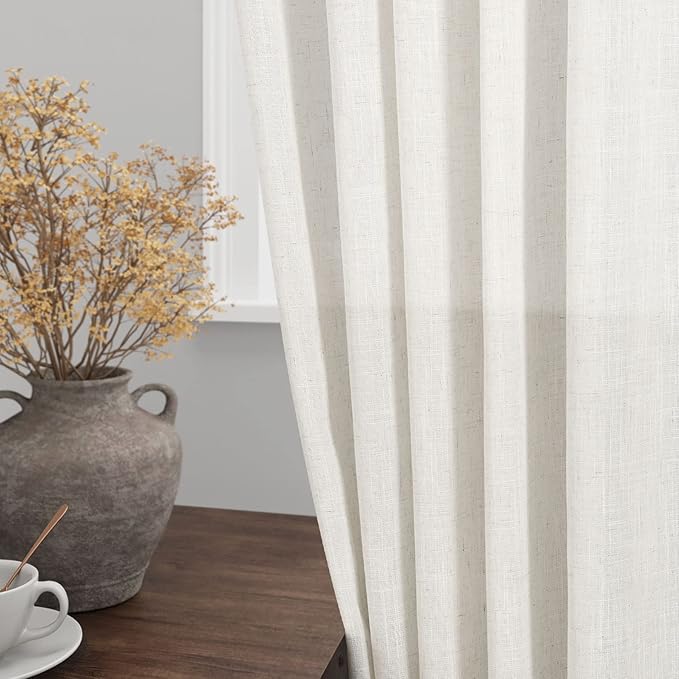 Cream Linen Curtains 106 Inches Long for Living Room Extra Long Back Tab Curtains Neutral Farmhouse Light Filtering Semi Sheer Linen Drapes Ceiling to Floor for Large Window 2 Panels Set 52x106