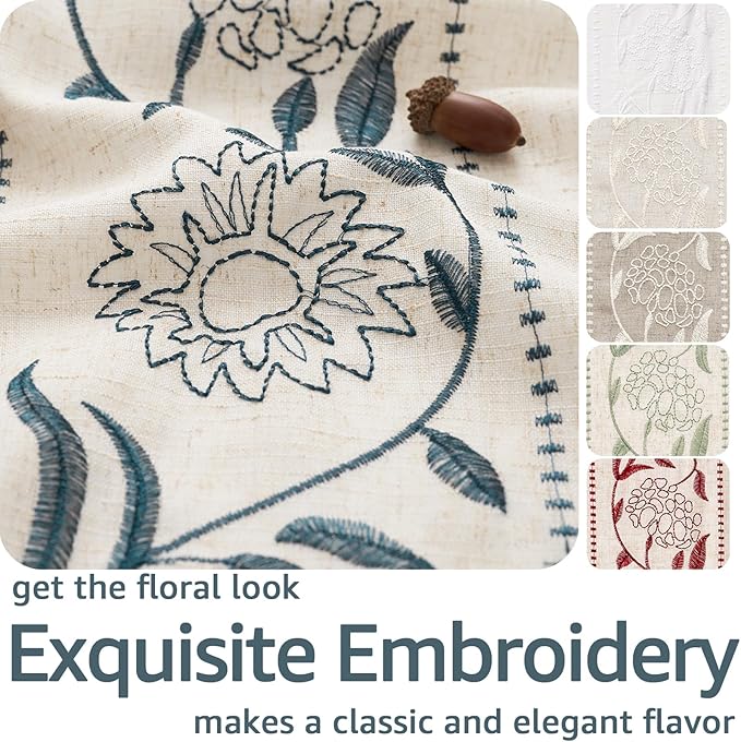 jinchan Winslow Linen Curtains for Bedroom 108 Inches Length Embroidered Bordered Floral Curtains for Living Room Farmhouse Decor Light Filtering Window Treatments Blue on Beige Drapes 2 Panels