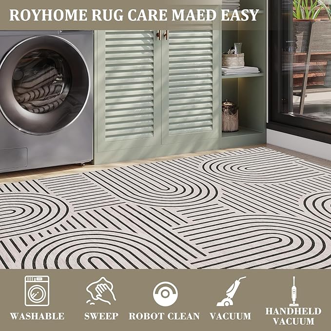 Washable Rug 4x6 Area Rugs for Living Room, Abstract Rug for Bedroom, Soft Rainbow Non Slip Throw Rugs with Rubber Back, Low Pile Stain Resistant Boho Geometric Carpet for Dining Room, LightCamel