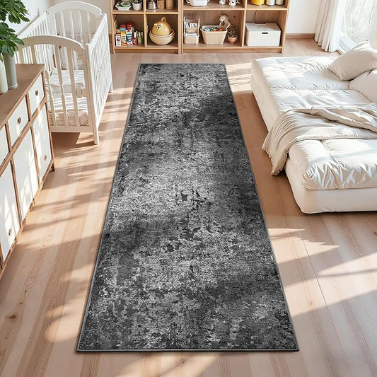 2x10 Black Rug Runners for Hallways Kitchen Runner Rug Non Slip Washable Black Long Runner Rugs with Rubber Backing Soft Abstract Carpet Runner for Bedroom, Kitchen, Bathroom, Entryway