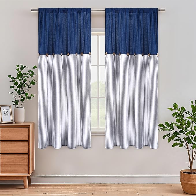 ASPMIZ Cotton Linen Farmhouse Curtains for Living Room, Boho Rustic Button Window Curtain Panels, Blue Striped Curtains for Bedroom, Country Back Tab Modern Drapes for Windows 52 x 63 Inch 2 Panels