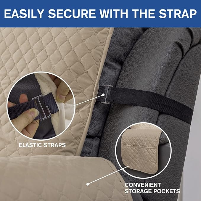 XINEAGE Water Resistant Recliner Cover, Nonslip Recliner Chair Covers for Reclining Chair with Pockets, Quilted Thick Recliner Slipcovers for Pets and Kids (Recliner Chair, Khaki)