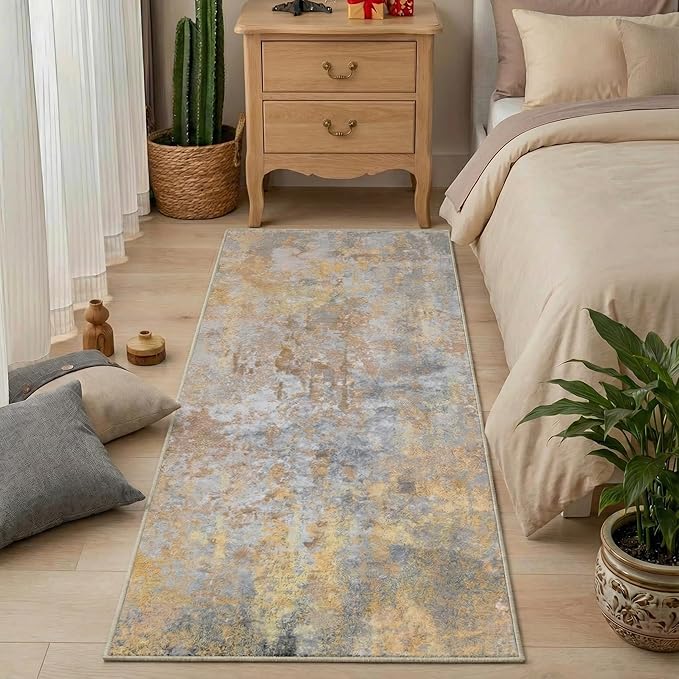 Beige Gold Rug Runners for Hallways Kitchen 2.6x8 Non Slip Washable Entryway Runner Rugs with Rubber Backing 8ft Long Carpet Runner for Laundry Bedroom, Low Pile Stain & Fade Resistant