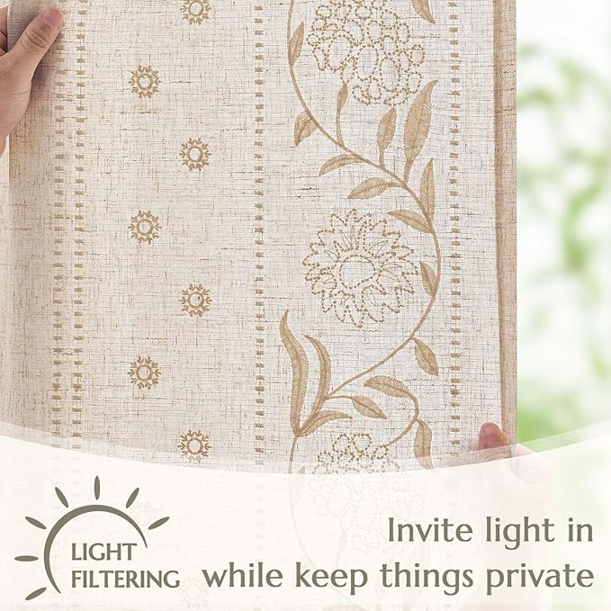 jinchan Winslow Linen Curtains for Bedroom 90 Inches Length Embroidered Bordered Floral Curtains for Living Room Farmhouse Decor Light Filtering Window Treatments Ivory on Beige Drapes 2 Panels